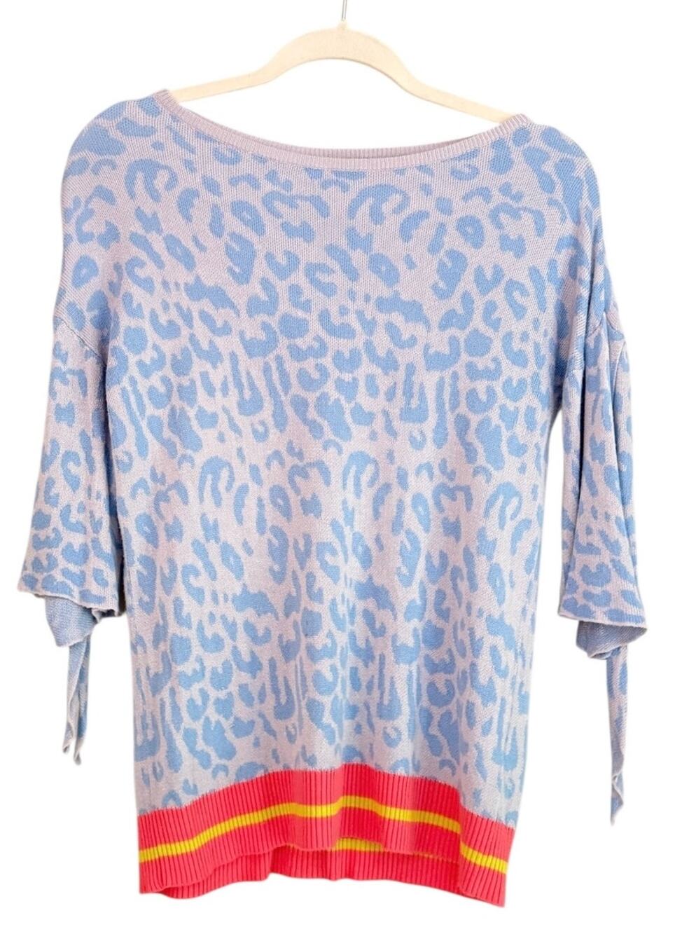 Maude Vivante Anthropologie Blue Leopard Flutter Sleeve Bow Sweater S